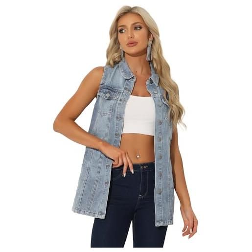 Allegra K demin gilet da donna senza maniche con bottoni e maniche a mezza lunghezza in jeans, blu, l