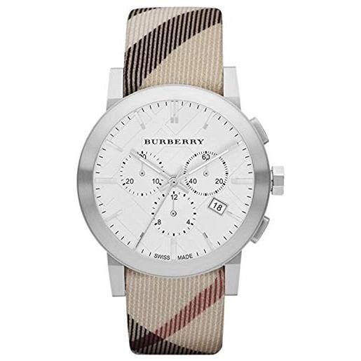Burberry bu9357 - orologio unisex da uomo e da donna, con cronografo rotondo in acciaio inox, quadrante bianco con data, tessuto a quadretti (retro in vera pelle)