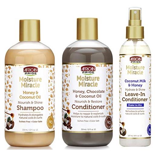 Sconosciuto african pride moisture miracle shampoo, conditioner and leave-in conditioner set, coconut oil, honey, chococlate, coconout oil and milk
