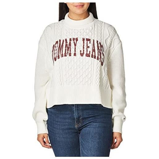 Tommy Hilfiger tommy jeans tjw crop college cable sweater dw0dw14273 maglioni, bianco (ecru), m donna