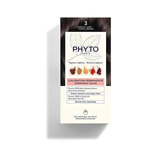 Phyto color kit 3 castano scuro colorazione permanente senza ammoniaca, 100% copertura capelli bianchi