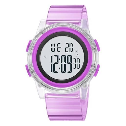 findtime orologio sportivo digitale da donna, impermeabile, per sport all'aria aperta, con ampio quadrante retroilluminato a led, viola