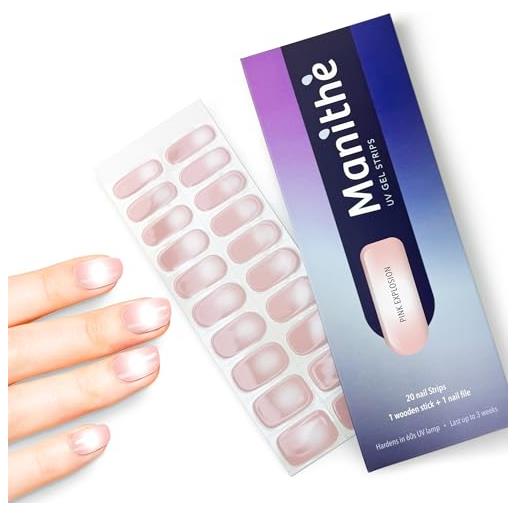 Manithè - smalto adesivo per unghie in vero gel semi-indurito - strisce protettive - unghie adesive uv - gel semi polimerizzato, semi cured gel nail, 20 pezzi a kit (pink explosion)