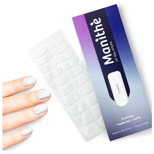 Manithè - smalto adesivo per unghie in vero gel semi-indurito - strisce protettive - unghie adesive uv - gel semi polimerizzato, semi cured gel nail, 20 pezzi a kit (icy white)