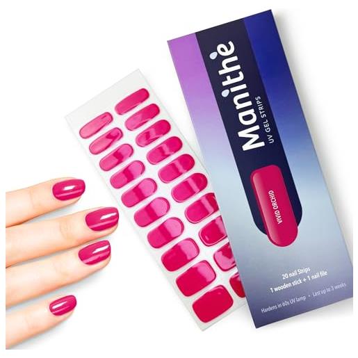 Manithè - smalto adesivo per unghie in vero gel semi-indurito - strisce protettive - unghie adesive uv - gel semi polimerizzato, semi cured gel nail, 20 pezzi a kit (vivid orchid)