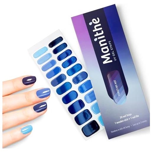 Manithè - smalto adesivo per unghie in vero gel semi-indurito - strisce protettive - unghie adesive uv - gel semi polimerizzato, semi cured gel nail, 20 pezzi a kit (colore blu)