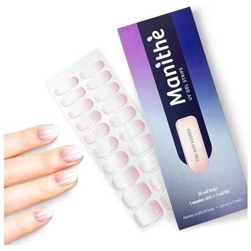 Manithè - smalto adesivo per unghie in vero gel semi-indurito - strisce protettive - unghie adesive uv - gel semi polimerizzato, semi cured gel nail, 20 pezzi a kit (pink baby boomer)