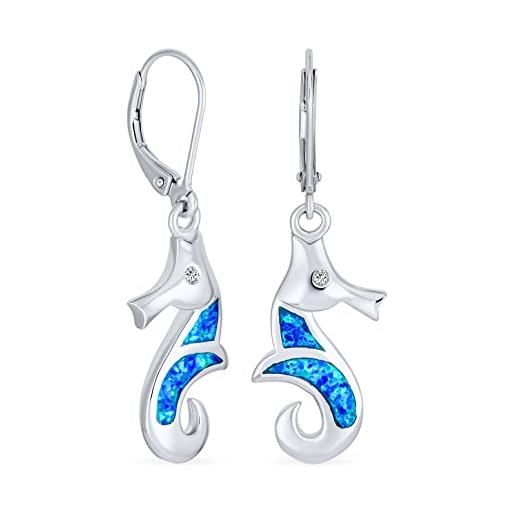 Bling Jewelry animale marino nautical beach vacation intarsio smalto creato blu opale cavalluccio marino orecchini pendenti per le donne adolescenti. 925 sterling silver leverback
