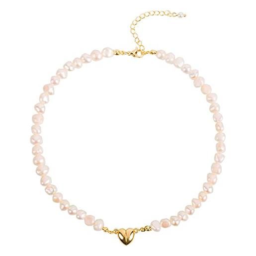 Ouran collana di perle d'acqua dolce con perle autentiche da 6 mm - ciondolo di perle a forma di farfalla, fatto a mano (#3 placcato oro & forma di cuore)
