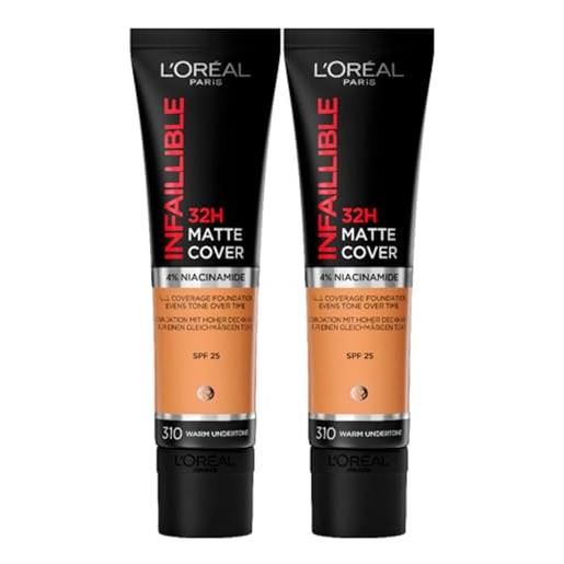 L'OREAL PARIS l'oréal paris infaillible fondotinta liquido 32h matte cover spf 25 waterproof traspirante coprente idratante lunga tenuta formula leggera con 4% niacinamide colore 310 warm undertone - 2 flaconi 30ml