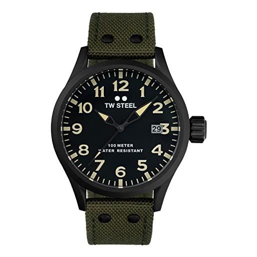 TW Steel volante mens 45mm quartz watch with 3-hands movement and green canvas on leather strap