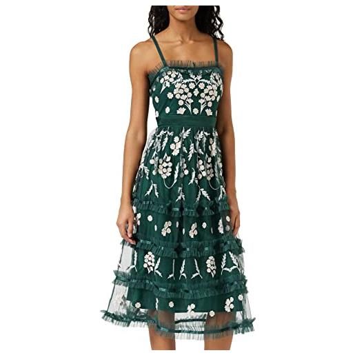 Maya Deluxe ladies womens summer dress embroidered midi floral straps high waist a line cut everyday casual for wedding guest prom vestiti, emerald green, 44 da donna