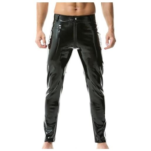 QiaTi pantaloni da motociclista da uomo in pelle pu con cerniera, stile casual, gamba dritta, in finta pelle, nero , xl
