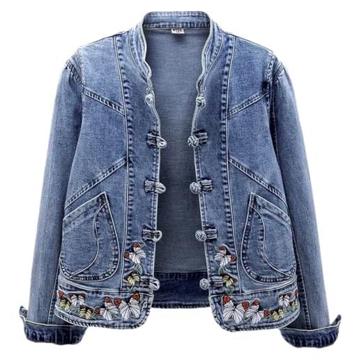Hndudnff giacca di jeans da donna con bottoni, stile casual, a maniche lunghe, ricamata, in denim, blu, l