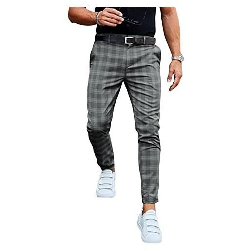 SHENGFU pantaloni eleganti da uomo in stile semplice scozzesi elasticizzati slim fit con tasche pantaloni chino scozzesi moda casual pantaloni con bottoni elastici pantaloni (color: gray, size: xl)