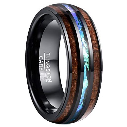 VAKKI anello in carburo di tungsteno 8mm anello di fidanzamento per uomo/donna intarsiato in legno di acacia e anello di fidanzamento con opale imitazione taglia 16.5