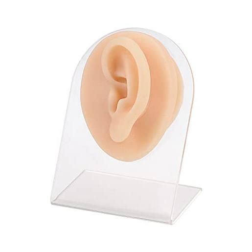 Medarchitect modello di orecchio in silicone morbido (a sinistra) con supporto acrilico, stampo flessibile per orecchio per la pratica del piercing, orecchio in gomma per l'esposizione dei gioielli