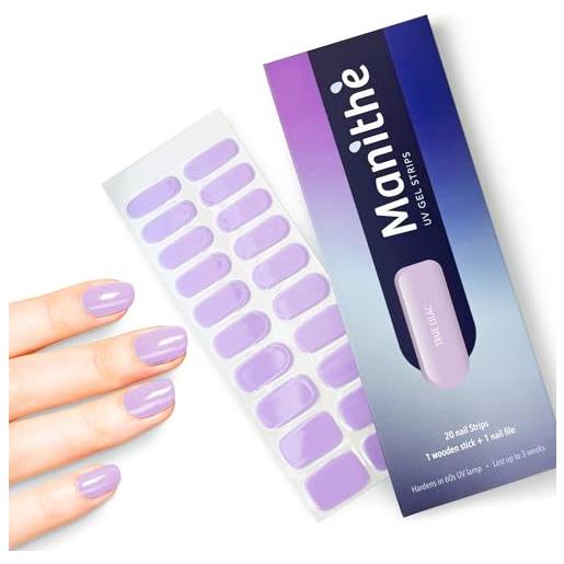 Manithè - smalto adesivo per unghie in vero gel semi-indurito - strisce protettive - unghie adesive uv - gel semi polimerizzato, semi cured gel nail, 20 pezzi a kit (true lilac)