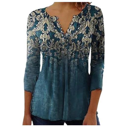 Yeenily camicia elegante donna a manica scollo a v t-shirt a 3/4 lunga top bluse maglietta stampato basic tee(blu, s)