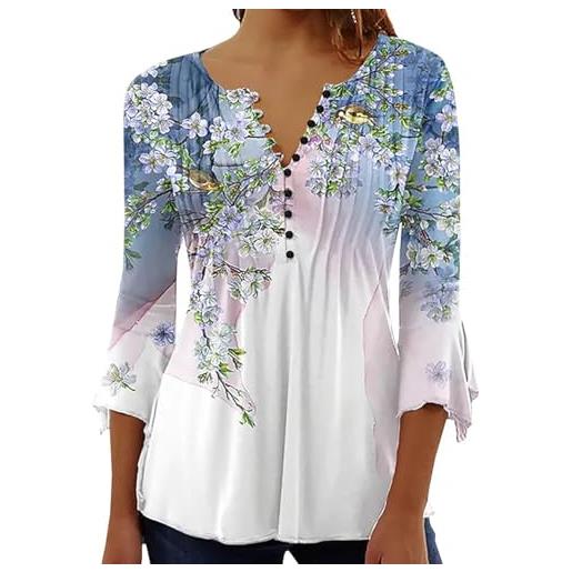 Yeenily camicia elegante donna a manica scollo a v t-shirt a 3/4 lunga top bluse maglietta stampato basic tee(blu acciaio, s)