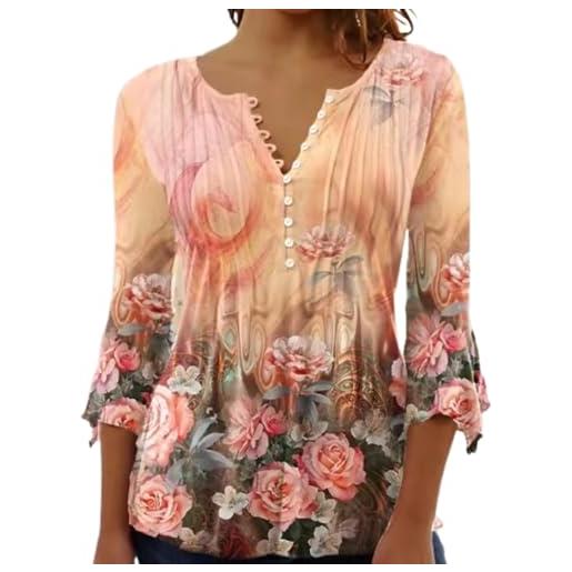 Yeenily camicia elegante donna a manica scollo a v t-shirt a 3/4 lunga top bluse maglietta stampato basic tee(nero, xxl)