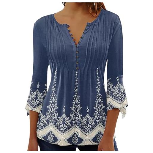 Yeenily camicia elegante donna a manica scollo a v t-shirt a 3/4 lunga top bluse maglietta stampato basic tee(arancione, xl)