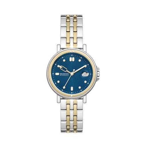 Skagen signatur orologio per donna, movimento al quarzo con cinturino in acciaio inossidabile o in pelle, tono argento e blu, 34mm