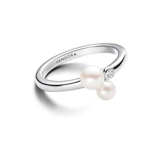 Pandora timeless anello, in argento sterling con perla coltivata d'acqua dolce trattata bianca e zirconia cubica trasparente, 56