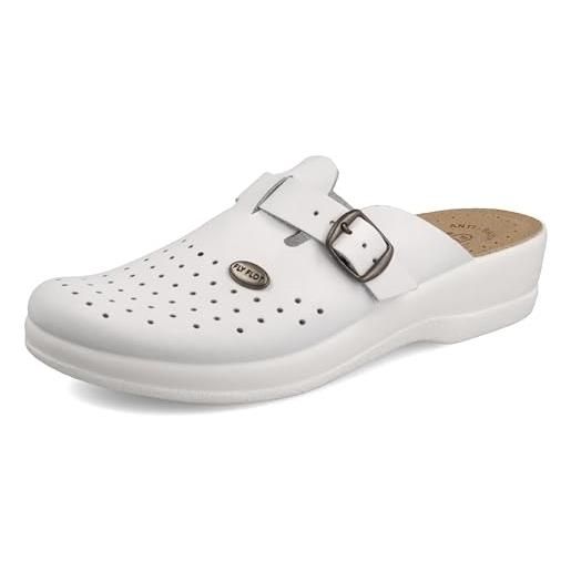 Fly Flot | woman professional, zoccoli sanitari donna con cinturino regolabile, ciabatte con tomaia in pelle forata, sottopiede imbottito in pelle antishock, bianco, 40