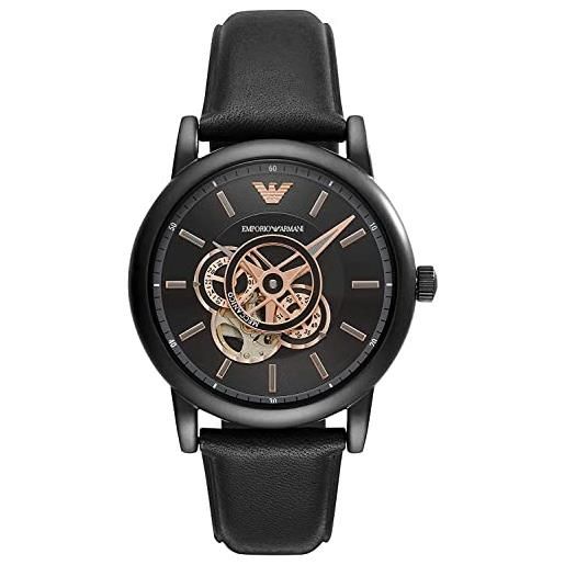 Emporio Armani orologio uomo, movimento automatico, cassa 43 mm in acciaio inossidabile nero con cinturino in pelle, ar60012