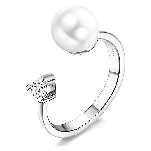 Milacolato anelli argento 925 donna, anelli regolabili aperti in grandi perle bianche coltivate d'acqua dolce anelli promessa, anello con perla in zirconia anello per pollice gioiello regalo per lei