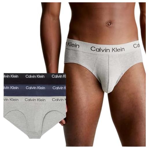 Calvin Klein hip brief 3pk 000nb3704a slip a vita bassa, multicolore (black, speakeasy, grey heather), xl uomo
