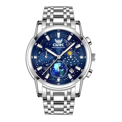 FORSINING orologio da uomo analogico al quarzo, 20 mm, in acciaio inox, con fasi lunari, cielo stellato, quadrante grande, alla moda, luminoso, blu