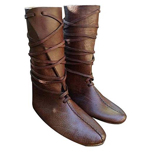 Guiran uomo stivali da cavaliere pu pelle lace-up scarpe medievali stile pirata marrone 40cm