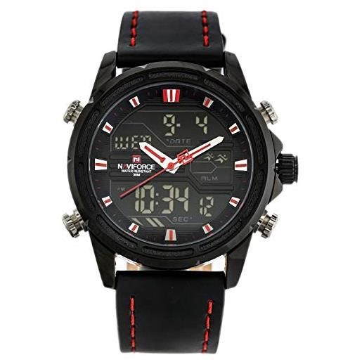 Naviforce - nf9138l - orologio da polso al quarzo digitale analogico dual time da uomo, cinturino in pelle, impermeabile (cinturino: nero con cuciture rosse/cassa: nero)