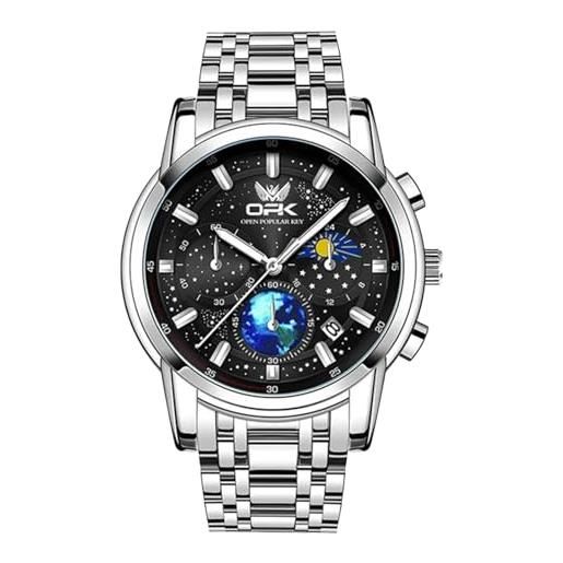 FORSINING orologio da uomo analogico al quarzo, 20 mm, in acciaio inox, con fasi lunari, cielo stellato, quadrante grande, alla moda, luminoso, nero