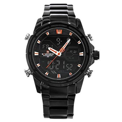 Naviforce - nf9138s - men's fashion dual time analogue digital quartz wrist watch, metal band, waterproof (cinturino: nero/indice: arancione)