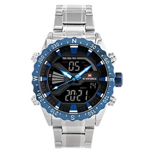 Naviforce - nf9136s - orologio da polso al quarzo digitale analogico dual time da uomo, cinturino in metallo, impermeabile (cinturino: argento/indice: blu)