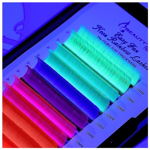 Beauty7 extension per ciglia easy fan di colore neon 0,07 mm d + ricciolo misto 13 mm 15 mm 7 colori volume ciglia russe per uso domestico/salone