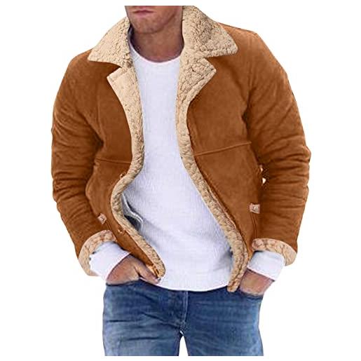 JMEDIC giacca da uomo in pelle imbottita a maniche lunghe con collo a bavero cappotto invernale da uomo plus size giacca con cerniera in pelle di pecora giacconi invernali eleganti vestiti (khaki, xl)