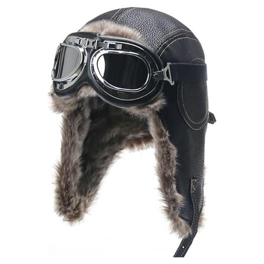 DUNSBY cappello invernale cappello bomber invernale da uomo con occhiali da moto all'aperto, antivento, caldo, in pelliccia sintetica, cappello con paraorecchie, in pelle termica ( color: black with goggles