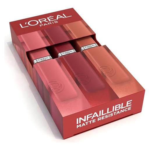 L'Oreal Paris l'oréal paris set di 3 rossetti liquidi a lunga tenuta colore intenso e finitura opaca nessun trasferimento resistenza opaca infallibile: tonalità (115), (120), (420)