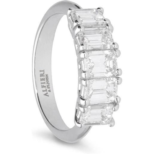 ALFIERI & ST. JOHN anello veretta 5 pietre alfieri & st john in oro bianco con diamanti taglio smeraldo ct. 2,37. Misura 12,5