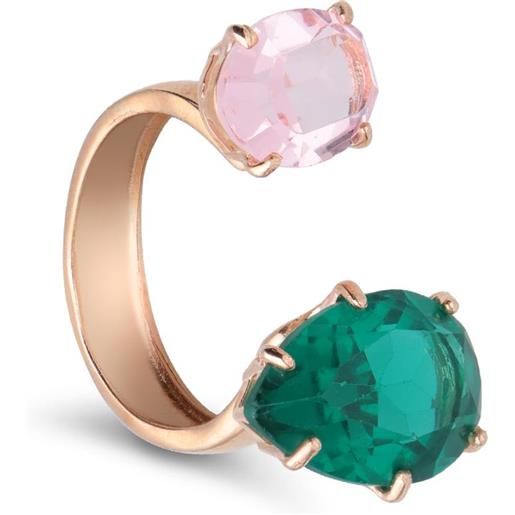 ORO&CO 925 anello contrariè aperto in argento rosato con pietre verde e rosa
