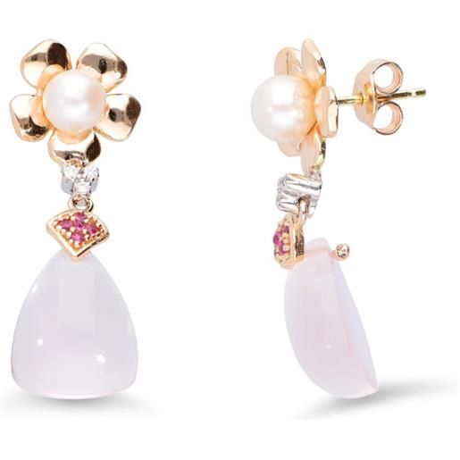 STANOPPI orecchini in oro con perle, quarzo rosa, rubini e diamanti ct 0.06