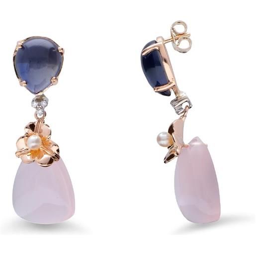 STANOPPI orecchini in oro con perle, iolite, quarzo rosa e diamanti ct 0.05