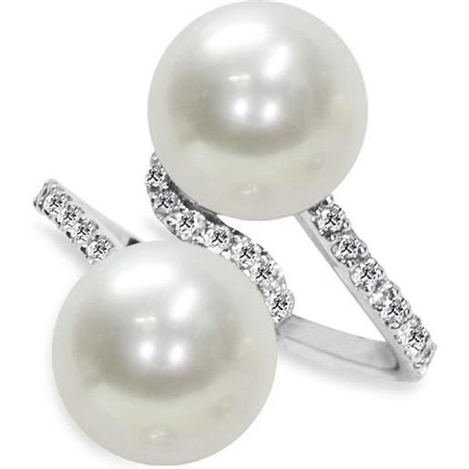 MAYUMI anello in oro con doppia perla e diamanti ct. 0,30
