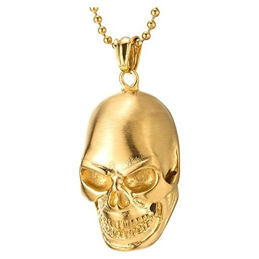 COOLSTEELANDBEYOND colore oro satinato teschio ciondolo, cranio collana con pendente da uomo, acciaio, palla catena 75cm, gotico