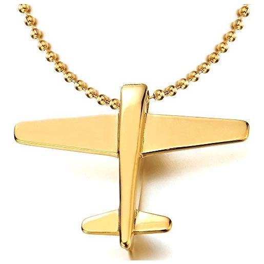 COOLSTEELANDBEYOND acciaio inossidabile colore oro ciondolo di aereo, collana con pendente da uomo donna, con palla catena 60cm