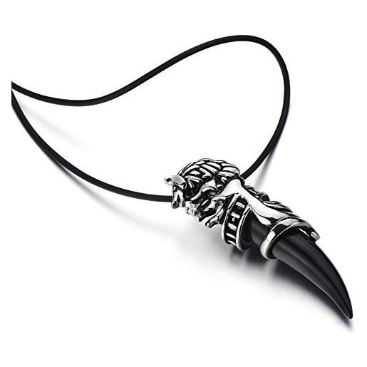COOLSTEELANDBEYOND ciondolo drago corno, collana con pendente da uomo, acciaio inossidabile, con acrilico nero e cavo in silicone 58cm